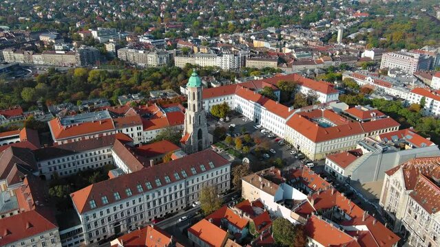 Aerial view of Budapest city skyline. Church of Mary Magdalene of Buda, one of the oldest churches of the Várkerület District, Buda Castle District. Hungary