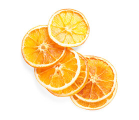 Fototapeta na wymiar Delicious dry orange slices on white background, top view
