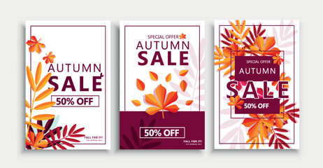Autumn sale advertising flyers set. Collection of posters or banners for website. Marketing and promotion of goods on Internet. Cartoon flat vector illustrations isolated on white background
