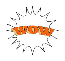 Comic lettering wow vector. Boom bright cartoon sticker. Comic text sound effects. Wow word in retro pop