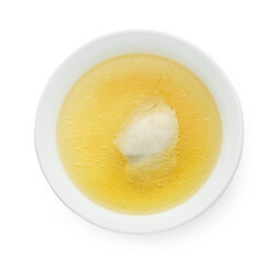 Delicious chicken bouillon in bowl on white background
