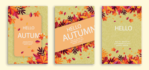 Naklejka premium Autumn sale posters set. Collection of graphic elements for website. Discounts and promotions, special offer and loyalty program. Cartoon flat vector illustrations isolated on beige background