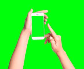 Young woman holding smartphone with green screen on color background, closeup. Mockup for design