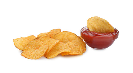 Delicious chips with ketchup isolated on white