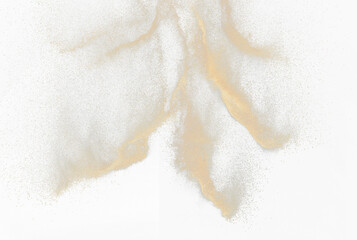 Sand flying explosion, Golden sand wave explode. Abstract sands cloud fly. Yellow colored sand splash throwing in Air. black background Isolated high speed shutter, throwing freeze stop motion