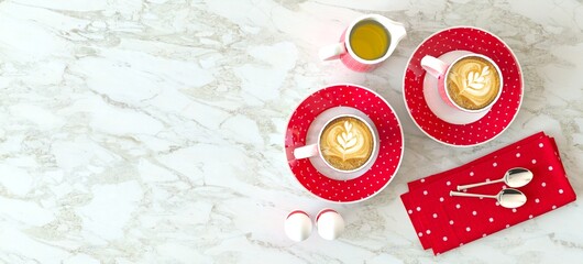 Fresh latte coffee with a pattern on the coffee, in cute cups. Serving with red dishes in white...