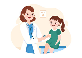 Pediatrician Examines Sick Kids and Baby for Medical Development, Vaccination and Treatment in Flat Cartoon Hand Drawn Templates Illustration