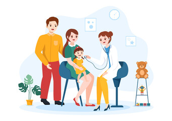 Pediatrician Examines Sick Kids and Baby for Medical Development, Vaccination and Treatment in Flat Cartoon Hand Drawn Templates Illustration