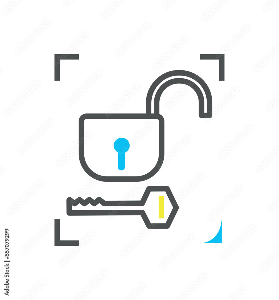 Poster biometric authorization colorful icon. open padlock with key, modern technologies and digital world.