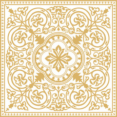 Fototapeta na wymiar Vector golden square byzantine ornament. Tiles of ancient Greece and the Eastern Roman Empire. Decoration of the Russian Orthodox Church..