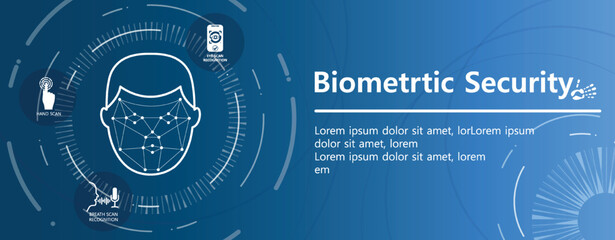 Biometrics security poster. Graphic element, verification and authentication. Login to profile and account. Innovations, modern technologies and digital world. Cartoon flat vector illustration