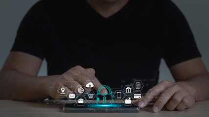 Person login with username and password by smartphone for technology cyber security internet and networking system. Information and encryption concept. Surveillance of Personal database. cybersecurity