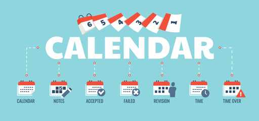 Obraz premium Calendar color banner. Time management and organization of effective workflow. Planning and scheduling. Revision and notes, goal setting. Graphic element for website. Cartoon flat vector illustration