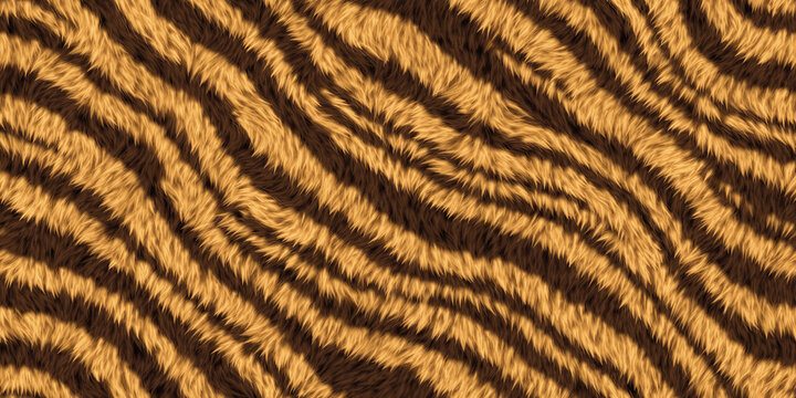 Seamless soft fluffy cat or tiger stripe African safari wildlife pattern. Realistic golden orange brown cozy long pile animal skin print rug or winter fur coat fashion background texture 3D rendering
