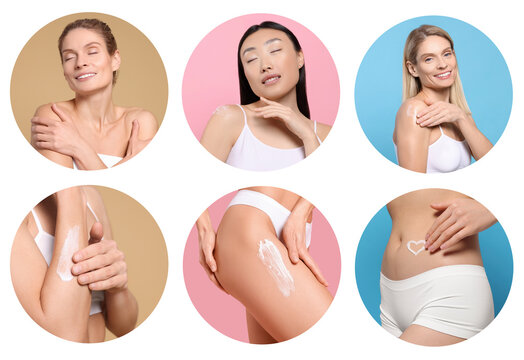 Collage with photos of women applying body cream on white background
