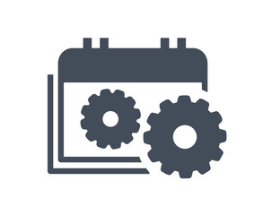 Calendar black and white icon. Two gears, metaphor for time management and efficient workflow organization. Planning and goal setting. Graphic element for website. Cartoon flat vector illustration
