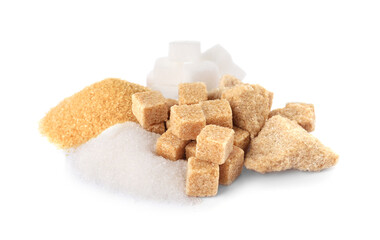 Different types of sugar on white background