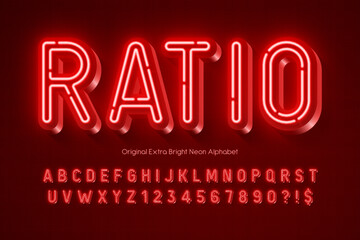 Neon light 3d alphabet, retro-futuristic original type.