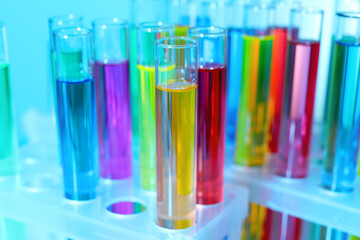 Many test tubes with colorful liquids on blurred background, closeup