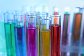 Many test tubes with colorful liquids on blurred background, closeup
