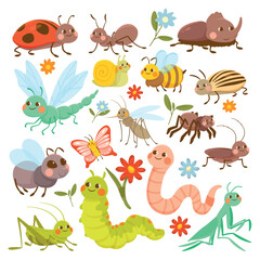 Set of insects. Collection of graphic elements for website. Ladybug, caterpillar and butterfly. Bee, dragonfly, grasshopper and snail. Cartoon flat vector illustrations isolated on white background