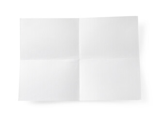 Blank paper sheet with creases isolated on white, top view
