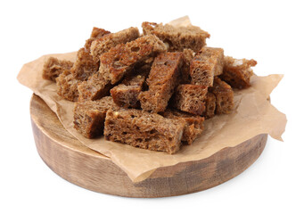 Wooden tray with crispy rusks isolated on white
