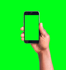 African American man holding smartphone with green screen on color background, closeup. Mockup for design