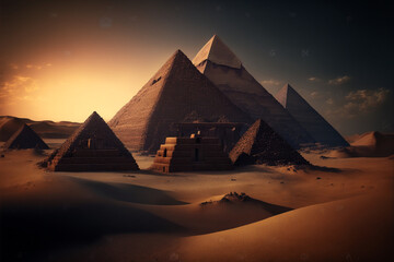 Fictional Egyptian pyramids in the desert, evening sunset (Generative AI)