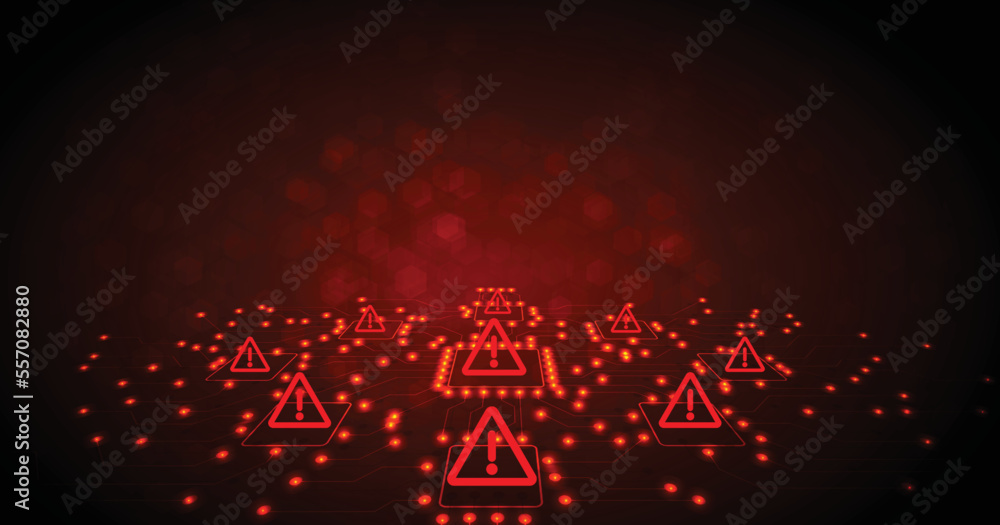 Poster Unsafe Wifi Connections concept. Attention warning attacker alert sign with an exclamation mark on a dark red background.Security protection Concept.Hacker Attack, Viruses.