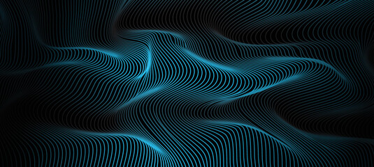 Abstract dotted wave line particles of bright blue  design element on dark black background. Modern technology futuristic concept. Vector illustration