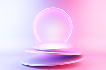 3d illustration of a pink circle podium stand on the background of a geometric composition. 3d rendering. Minimalism geometry background
