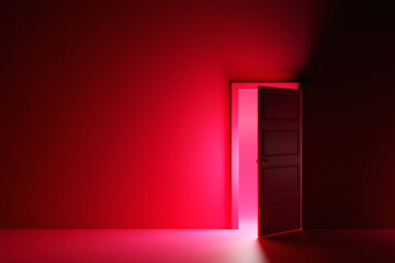 3d illustration of open door from which pink light shines in a dark room with pink light.  Riddle, adventure and mystic concept