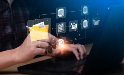 Document Management System concept. Enterprise content management, Digital asset management, Document imaging, Workflow, Records management, Online document file data software for efficient archiving.