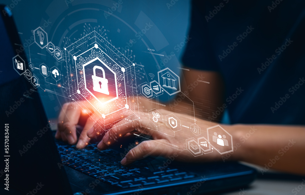 Aufkleber cyber security and data protection information privacy internet technology concept. businessmen prot