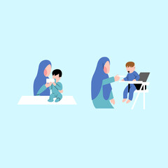 Set Of Muslim Mother Character Feeding Baby