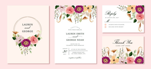 wedding invitation set with beautiful floral garden watercolor frame