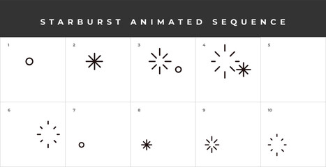 Starburst animated sequence. 10 image series to create animated gif. Fireworks. Sparkle. Graphic element for animation.