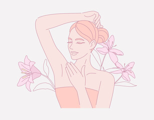 Female smooth armpit. Hair removal, With leaves and flower, Beauty body care concept. Design illustration.