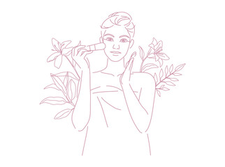 Woman at home with a towel on her doing makeup organic cosmetic, with leaves and flower, Linear logo minimalist style. Beauty body care concept.
 Vector design illustration.
