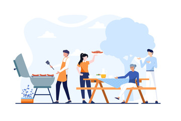 Happy family at a picnic is preparing a barbecue grill outdoors. Vector illustration in a flat style in light blue color theme