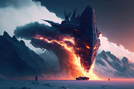 A mind flyer space ship that has crashed into the side of a giant snowy mountain, whilst smoke and fire fill the surrounding .