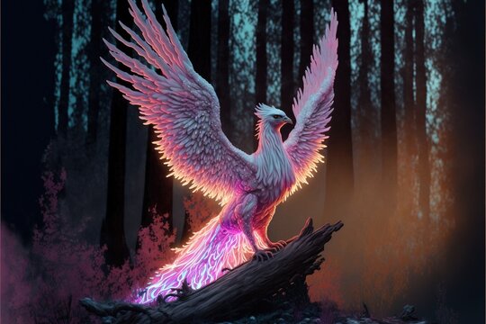 A surreal depiction of a Bioluminescence white phoenix with shimmering rainbow feathers whilst rising from the ashes.