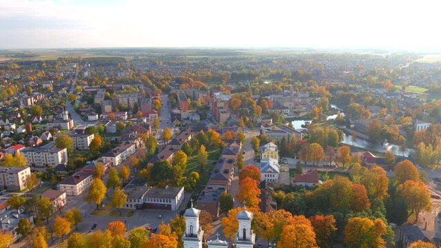 Beautiful aerial panorama of the town of Birzai in autumn, northern Lithuania