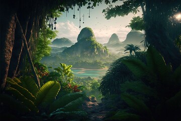 A stunning fantasy landscape of a tropical jungle environment.