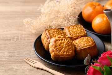 Chinese moon cake, traditional dessert celebrating in Chinese festival mid autumn or new year