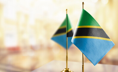 Small flags of the Tanzania on an abstract blurry background