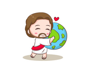 Cute Jesus Christ cartoon character hugging the earth. Hand drawn Chibi character, clip art, sticker, isolated white background. Christian Bible for kids. Mascot logo icon vector art illustration