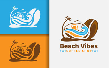 This image features beach vibes and a unique coffee and beach combination logo concept, perfect for use in marketing materials for a cafe or beach-themed business.