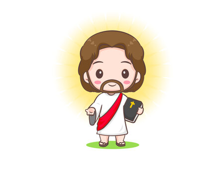 Cute Jesus Christ cartoon character holding bible. Hand drawn Chibi character, clip art, sticker, isolated white background. Christian Bible for kids. Mascot logo icon vector art illustration